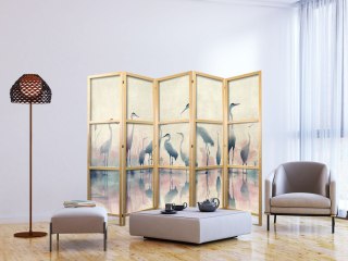 Parawan japoński - Ptaki nad jeziorem - czaple malowane akwarelą w delikatnej, szaro-różowej kolorystyce