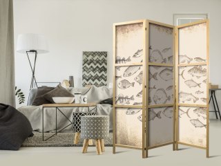 Parawan japoński - Szkic ławicy ryb - Szkice różnych gatunków ryb płynących w ławicy na beżowym tle w stylu vintage