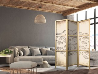 Parawan japoński - Szkic ławicy ryb - Szkice różnych gatunków ryb płynących w ławicy na beżowym tle w stylu vintage