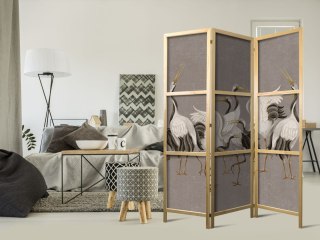 Parawan japoński - Taniec żurawi - jasne sylwetki ptaków na ciepło-szarym tle z fakturą