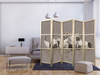 Parawan japoński - Taniec żurawi - jasne sylwetki ptaków na ciepło-szarym tle z fakturą