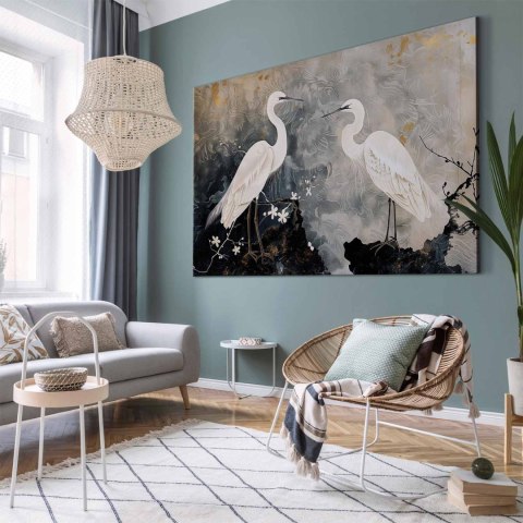 Obraz XXL - Czaple i kwiat wiśni - ilustracja w orientalnym stylu przedstawiająca ptaki