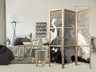 Parawan japoński - Czaple i kwiat wiśni - ilustracja w orientalnym stylu przedstawiająca ptaki