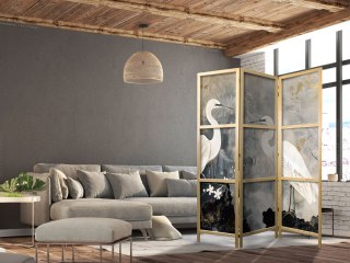 Parawan japoński - Czaple i kwiat wiśni - ilustracja w orientalnym stylu przedstawiająca ptaki