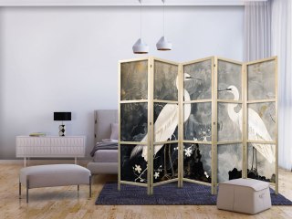 Parawan japoński - Czaple i kwiat wiśni - ilustracja w orientalnym stylu przedstawiająca ptaki