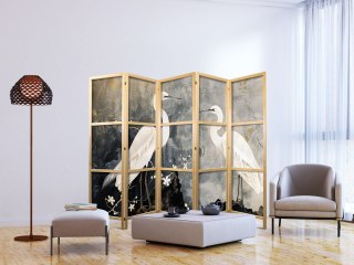 Parawan japoński - Czaple i kwiat wiśni - ilustracja w orientalnym stylu przedstawiająca ptaki