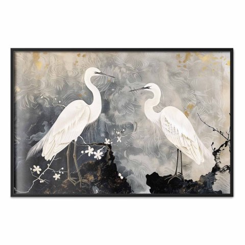 Plakat - Czaple i kwiat wiśni - ilustracja w orientalnym stylu przedstawiająca ptaki