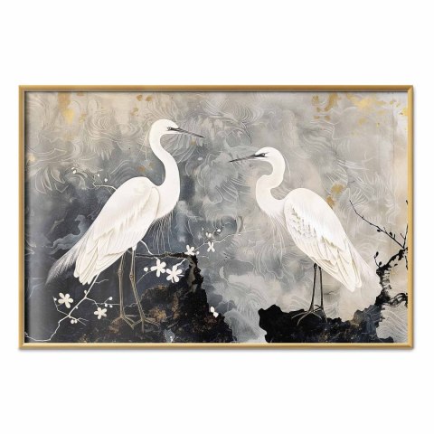 Plakat - Czaple i kwiat wiśni - ilustracja w orientalnym stylu przedstawiająca ptaki