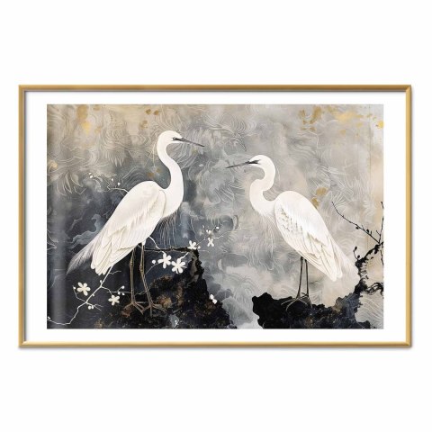 Plakat - Czaple i kwiat wiśni - ilustracja w orientalnym stylu przedstawiająca ptaki