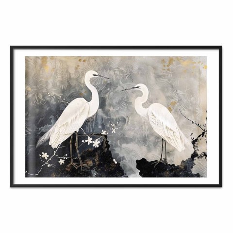Plakat - Czaple i kwiat wiśni - ilustracja w orientalnym stylu przedstawiająca ptaki