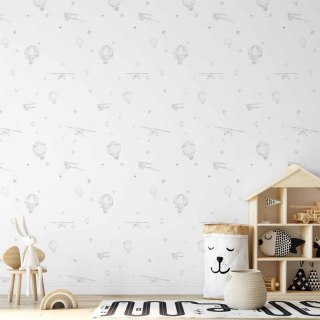 Tapeta - Akwarela - samoloty i balony namalowane na białym tle nieba