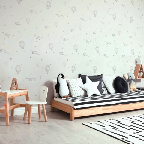 Tapeta - Akwarela - samoloty i balony namalowane na białym tle nieba