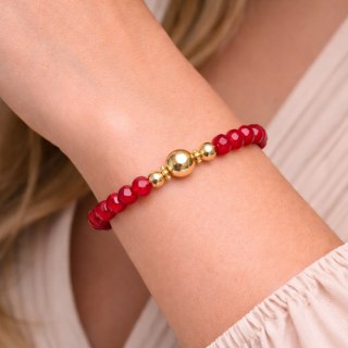 Bransoletka z czerwonych koralików i złotych kulek (B25/KOR/105AU)