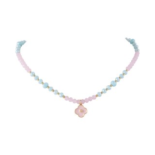 Naszyjnik z różowych i niebieskich koralików oraz złotych kuleczek z różową koniczynką (C25/KOR/98AU)