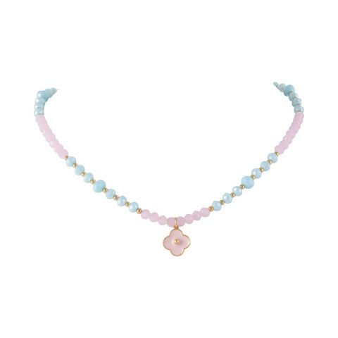 Naszyjnik z różowych i niebieskich koralików oraz złotych kuleczek z różową koniczynką (C25/KOR/98AU)
