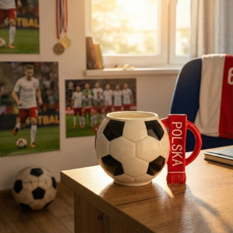 Kubek piłka z szalikiem - Polska i podkładka w kształcie piłki - XXL 700 ml