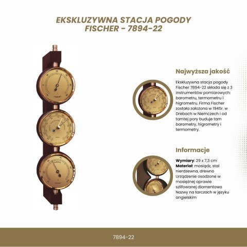 Ekskluzywna Stacja Pogody Fischer - Barometr Higrometr Termometr - Mosiądz Mahoń - 7894-22
