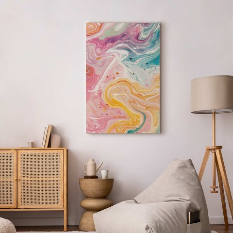 Obraz - Kolorowy Chaos - dynamiczne kształty w odcieniach różu żółci i błękitu 40x60 Na płótnie włoskim