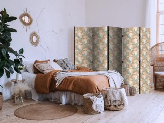 Parawan - Bukieciki - egzotyczne kwiaty i liście na szaro - zielonym tle 225x172 Akustyczny