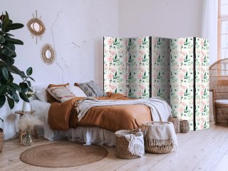 Parawan - Piwonie - różowe i białe kwiaty i zielone listki na białym tle 225x172 Akustyczny