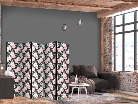 Parawan - Piwonie - różowe kwiaty i zielone listki na grafitowym tle 225x172 Dwustronny