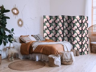 Parawan - Piwonie - różowe kwiaty i zielone listki na grafitowym tle 225x172 Dwustronny