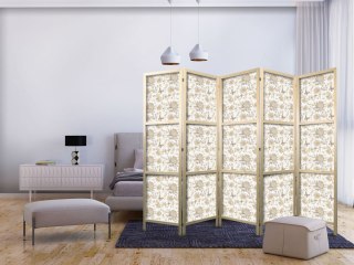 Parawan japoński - Beżowe odcienie natury - kwiaty i motyle na białym tle - ilustracja 225x172