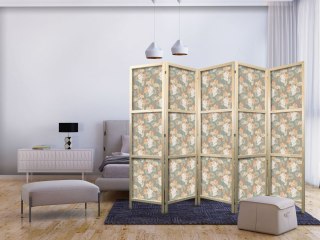 Parawan japoński - Bukieciki - egzotyczne kwiaty i liście na szaro - zielonym tle 225x172
