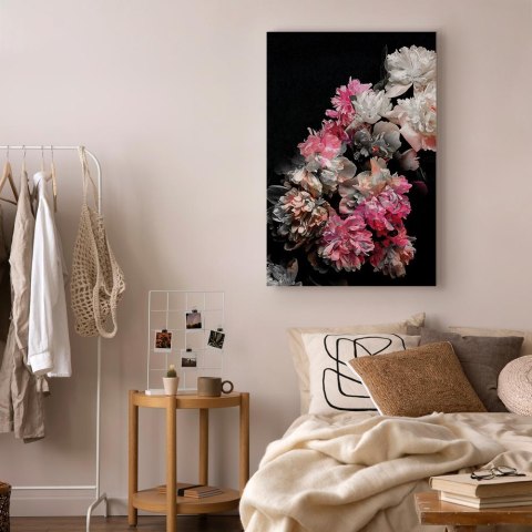 Obraz - Czar piwonii (1-częściowy) - kolorowy bukiet kwiatów na czarnym tle 20x30 Standard