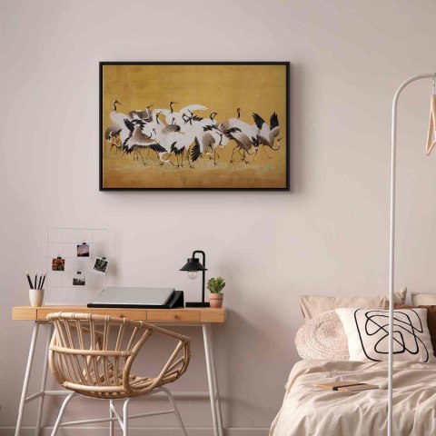Obraz - Japońskie żurawie - stado ptaków na tle w odcieniu złota na podstawie obrazu Ishida Yūtei 120x80 W ramie drewnianej czar