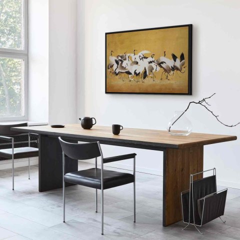 Obraz - Japońskie żurawie - stado ptaków na tle w odcieniu złota na podstawie obrazu Ishida Yūtei 120x80 W ramie drewnianej czar
