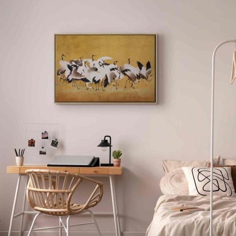 Obraz - Japońskie żurawie - stado ptaków na tle w odcieniu złota na podstawie obrazu Ishida Yūtei 120x80 W ramie drewnianej natu