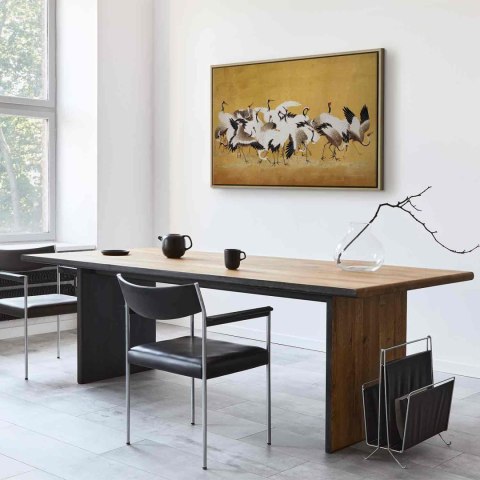 Obraz - Japońskie żurawie - stado ptaków na tle w odcieniu złota na podstawie obrazu Ishida Yūtei 120x80 W ramie drewnianej natu