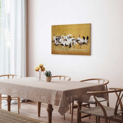 Obraz - Japońskie żurawie - stado ptaków na tle w odcieniu złota na podstawie obrazu Ishida Yūtei 30x20 Standard
