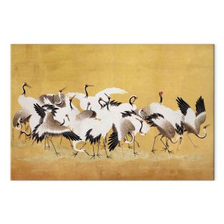 Obraz - Japońskie żurawie - stado ptaków na tle w odcieniu złota na podstawie obrazu Ishida Yūtei 60x40 Akustyczny