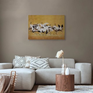 Obraz - Japońskie żurawie - stado ptaków na tle w odcieniu złota na podstawie obrazu Ishida Yūtei 60x40 Premium Print