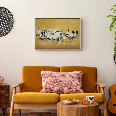 Obraz - Japońskie żurawie - stado ptaków na tle w odcieniu złota na podstawie obrazu Ishida Yūtei 60x40 W ramie drewnianej natur