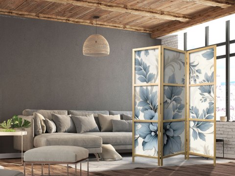Parawan japoński - Turkusowe kwiaty w retro klimacie - florystyczne ornamenty 135x172