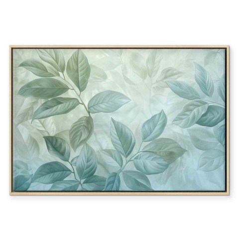 Obraz - Duże liście w odcieniach zielono-miętowych: motyw botaniczny 120x80 W ramie drewnianej naturalnej