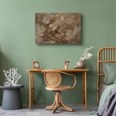 Obraz - Ornamenty kwiatowe rzeźbione w delikatnych odcieniach sepii i brązu 90x60 Standard