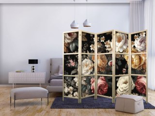 Parawan japoński - Florystyka w stylu vintage - ogrom kolorowych kwiatów na czarnym tle 225x172