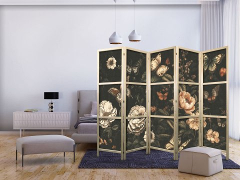 Parawan japoński - Tajemniczy ogród - motyle latające nad kwiatami - rustykalny wieczór 225x172