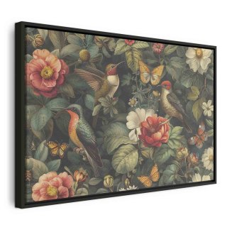 Obraz - Kwiaty, ptaki i motyle - ilustracja w stylu vintage 120x80 W ramie drewnianej czarnej