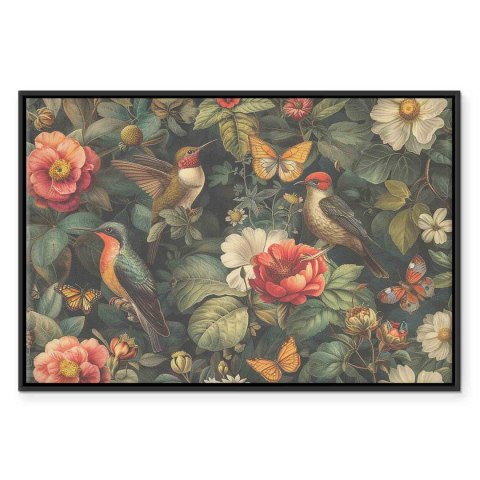 Obraz - Kwiaty, ptaki i motyle - ilustracja w stylu vintage 60x40 W ramie drewnianej czarnej