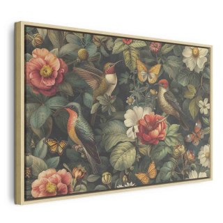 Obraz - Kwiaty, ptaki i motyle - ilustracja w stylu vintage 60x40 W ramie drewnianej naturalnej