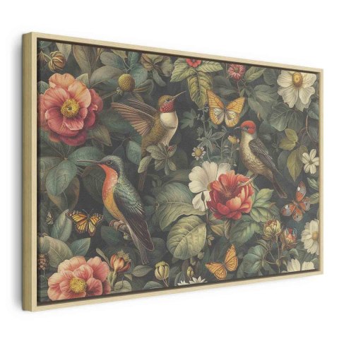 Obraz - Kwiaty, ptaki i motyle - ilustracja w stylu vintage 60x40 W ramie drewnianej naturalnej
