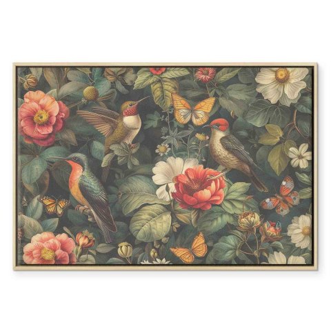 Obraz - Kwiaty, ptaki i motyle - ilustracja w stylu vintage 60x40 W ramie drewnianej naturalnej