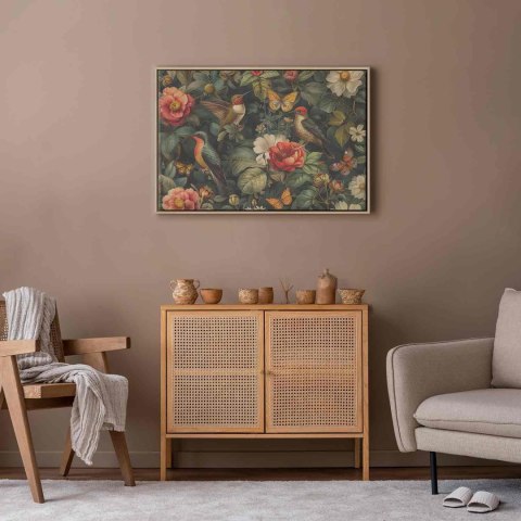 Obraz - Kwiaty, ptaki i motyle - ilustracja w stylu vintage 60x40 W ramie drewnianej naturalnej