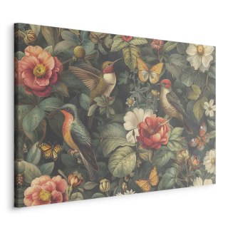 Obraz - Kwiaty, ptaki i motyle - ilustracja w stylu vintage 90x60 Standard