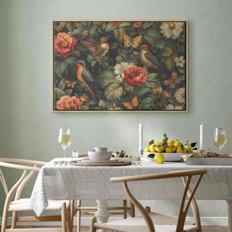 Obraz - Kwiaty, ptaki i motyle - ilustracja w stylu vintage 90x60 W ramie drewnianej naturalnej